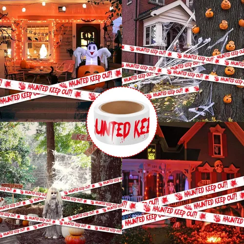 Miniatura 4 de Cinta de precaución para decoración de Halloween, HAUNTED KEEP OUT rollo de precaución sangriento blanco de escena del crimen de 2 pulgadas x 82