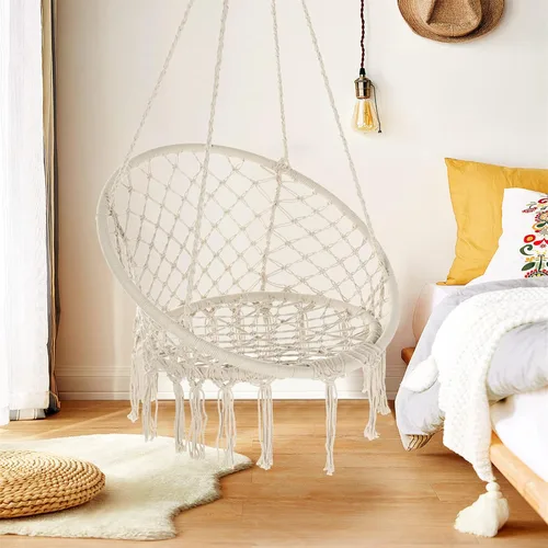 Miniatura 2 de Garpans Juego de 2 sillas tipo hamaca de macramé estilo bohemio con borlas, columpio colgante hecho a mano, cuerda de algodón tejida a mano