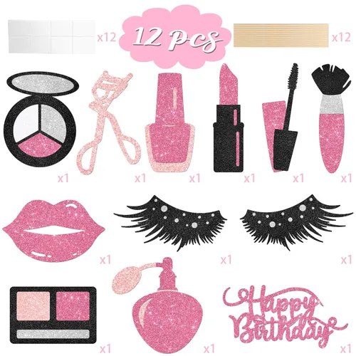 Miniatura 3 de 12 piezas de centro de mesa de maquillaje con purpurina, para spa, maquillaje, decoraciones de fiesta de cumpleaños para mesa, cosméticos, lápiz