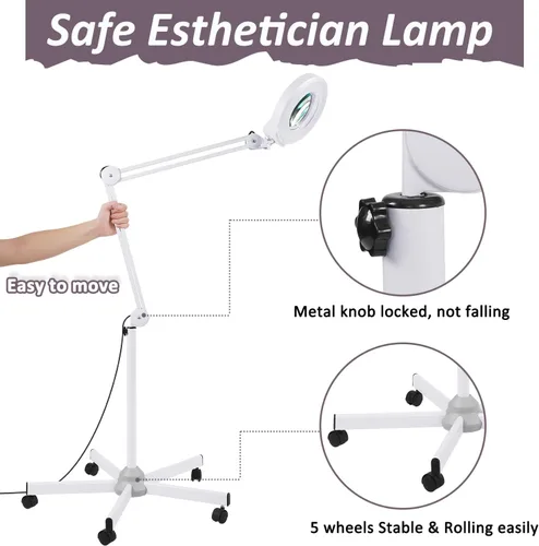 Miniatura 4 de Veemagni Lupa superbrillante de 2,200 lúmenes, lupa de 15X con luz y soporte, lámpara de pie con base rodante de 5 ruedas para tratamientos faciales