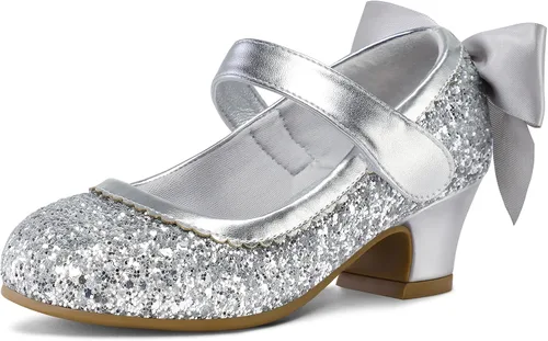 Miniatura 10 de K KomForme Zapatos de vestir para niñas con purpurina Mary Jane tipo pump con lazo, tacón bajo para fiestas y bodas, zapatos de princesa