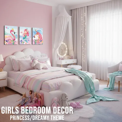 Miniatura 2 de Imágenes de decoración de pared de unicornio rosa para habitación de niñas, dormitorio, baño, arte de pared lindo de sirena, flamenco, acuarela