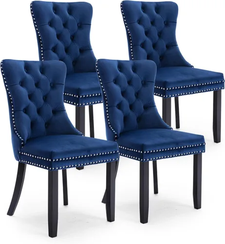 Miniatura 26 de Juego de 4 sillas de comedor de terciopelo, sillas de comedor tapizadas con ribete de cabeza de clavo y patas de madera maciza para cocina