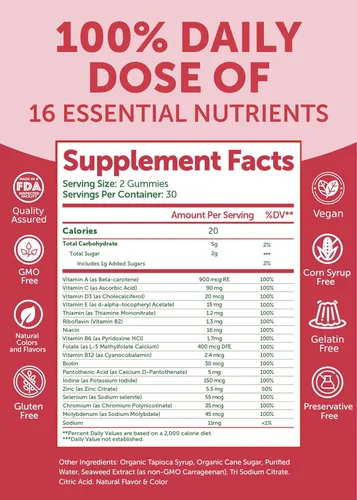 Miniatura 7 de Lunakai Paquete de gomitas multivitamínicas de vitamina C y para mujer, 300 mg orgánicas, sin OMG, suplemento masticable vegano – 100% valor diario
