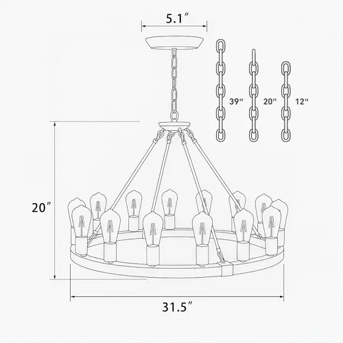 Miniatura 3 de Candelabro de Rueda de Vagón de Madera de 15 Luces, Candelabro de Granja Rústico Vintage con Bombillas E26, 32" Candelabro Industrial