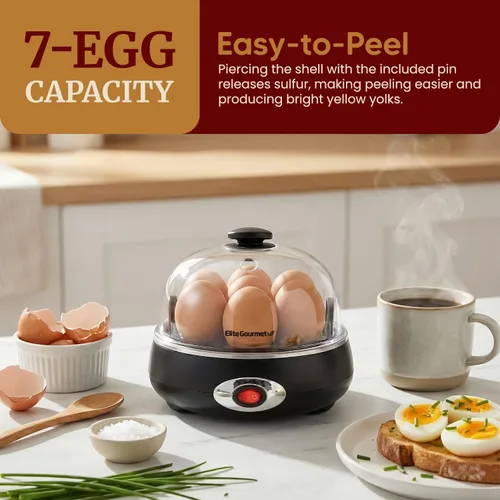 Miniatura 2 de Elite Gourmet EGC007CHC# Cocedor Rápido de Huevos, 7 Huevos Hervidos Fáciles de Pelar, Duros, Medianos, Suaves, Escalfador, Máquina para Tortillas