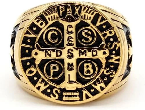 Miniatura 3 de Anillo de cruz católico de San Benito para hombre, medalla de exorcismo de acero inoxidable