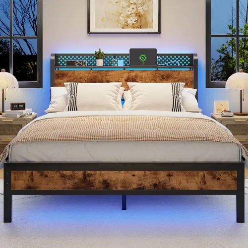 Furnulem Base de cama Queen con almacenamiento de cabecero, marco de cama tamaño Queen con estación de carga y luces LED, no necesita somier,