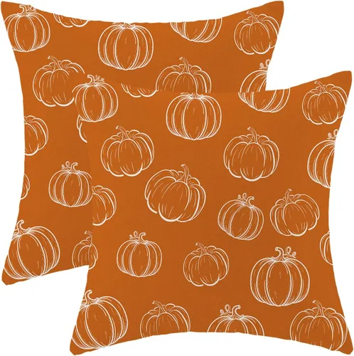 Miniatura 30 de AEIOAE - Juego de 2 fundas cuadradas de almohadones de lino para otoño con calabaza en tono naranja quemado y blanco, para decoración al aire libre