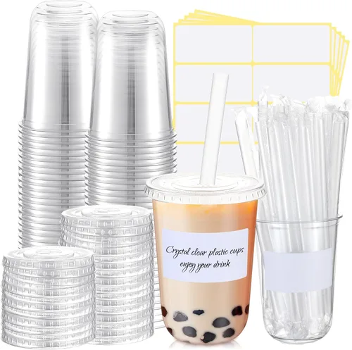 Miniatura 9 de Ziliny 25 juegos de vasos de plástico transparente con tapas, pajitas y pegatinas, vasos desechables de PET engrosado para café helado, té
