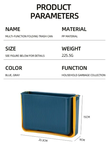 Miniatura 3 de Basurero colgante de cocina, cubo de basura plegable para cocina, 3 litros, pequeña basura para gabinete/coche/dormitorio/baño (azul)