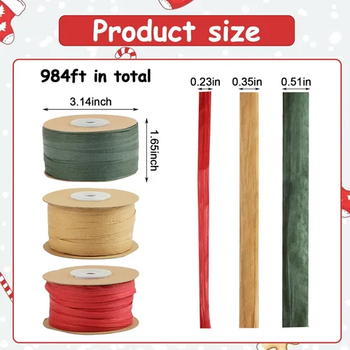 Miniatura 2 de FOIMAS Cinta de papel de rafia de 984 pies, cinta de papel kraft rojo, verde y marrón, cuerda de regalo para envolver regalos de Navidad