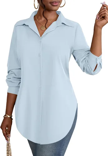 Rooscier Blusa larga con cuello en V para mujer, manga larga, abertura lateral, con botones