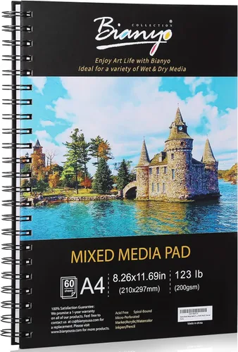 Bianyo Bloc de papel de medios mixtos, A4 (8.26 x 11.69 pulgadas), 60 hojas/cada una, 123 libras/200 GSM, paquete de 1 bloc, almohadilla