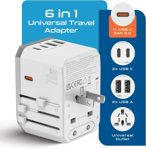 Miniatura 2 de Ceptics Adaptador de viaje universal 6 en 1 con PD 70W USB-C y 2X USB-A y 2X USB-C 3A, cargador universal con QC 3.0 para EE. UU./UE/Reino Unido/AU