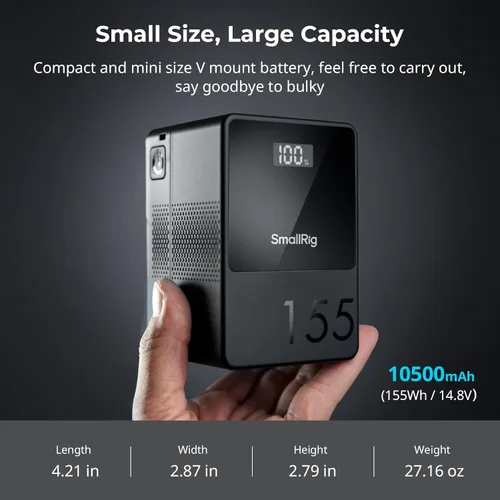 Miniatura 5 de SMALLRIG Batería de montaje en V VB155, batería de montaje en V de 155 Wh/10500 mAh con salida de 100 W, carga completa 3H, con USB-C, D-TAP, USB-A