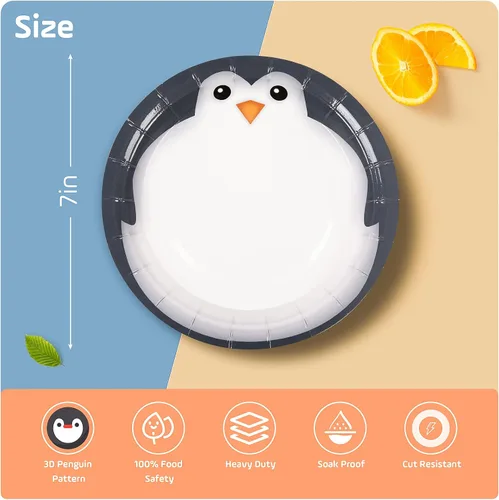 Miniatura 2 de FIT Platos de papel redondos desechables, material ecológico biodegradable, para pícnic, fiesta de cumpleaños, 25 unidades, pingüino