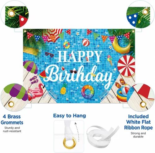 Miniatura 4 de Decoraciones de fiesta de cumpleaños para piscina, pancarta de feliz cumpleaños, telón de fondo de fiesta de piscina para fiesta de cumpleaños