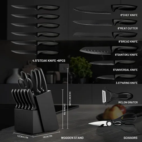 Miniatura 2 de Juego de cuchillos de 16 piezas para cocina con bloque, juego de cuchillos de cocina aptos para lavavajillas con afilador integrado, juego