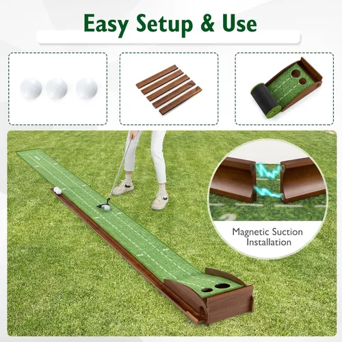 Miniatura 6 de Tangkula Alfombrilla de práctica de golf de 10 pies, 2/3 hoyos con retorno automático de bola para interiores y exteriores, guías de alineación y 3