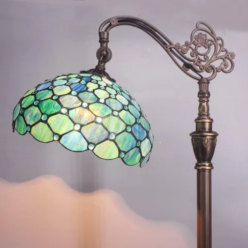 Miniatura 3 de Lámpara de Pie Tiffany de Vidrio Emplomado 18.88X12X67 Pulgadas Ángulo Ajustable Cuello de Ganso Arqueado Luz de Lectura Antigua (Perla Azul Marino)