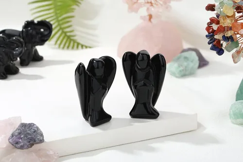 Miniatura 6 de YATOJUZI Estatua de ángel de obsidiana negra de 5 cm decorativa con cristales curativos de Reiki, piedra natural pulida tallada a mano, figuritas