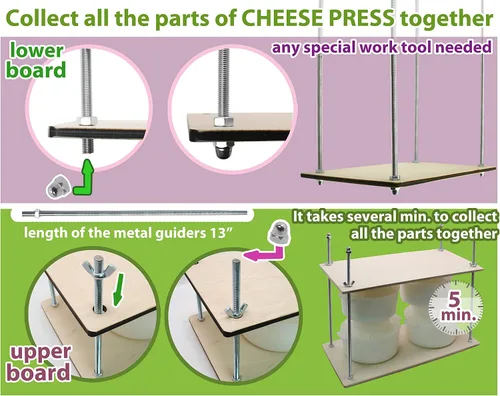 Miniatura 5 de PetriStor Prensa de queso de madera para hacer suministros - Guías de metal de 16 pulgadas, molde de 13 pulgadas con pistón seguidor, 1.3 cuartos