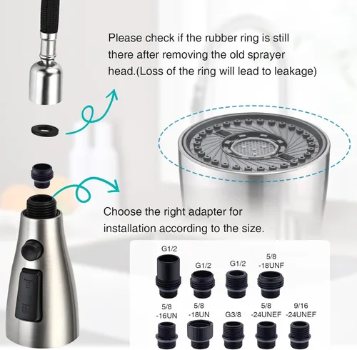 Miniatura 5 de Reemplazo de cabezal de grifo de cocina de metal, cabezal rociador desplegable de 3 funciones para grifo de cocina, boquilla rociadora de fregadero