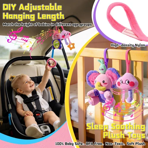 Miniatura 6 de Juguete Musical de Asiento de Coche para Bebés de 0-12 Meses Niña, Juguete Colgante de Actividad Sensorial 5 en 1, Juguete de Cochecito con Música