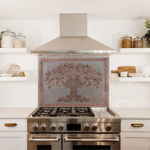 Protector contra salpicaduras de cocina, árbol de la vida celta con borde de nudo celta para cocina, panel de cobre personalizado, azulejos de cobre