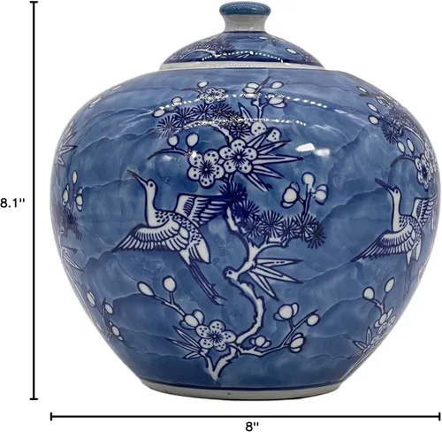 Miniatura 5 de Galt International Tarro Chinoiserie de Grúa Floral Azul y Blanco de 8" con Tapa Tarro de Jengibre Decorativo Centro de Mesa Almacenamiento de Té