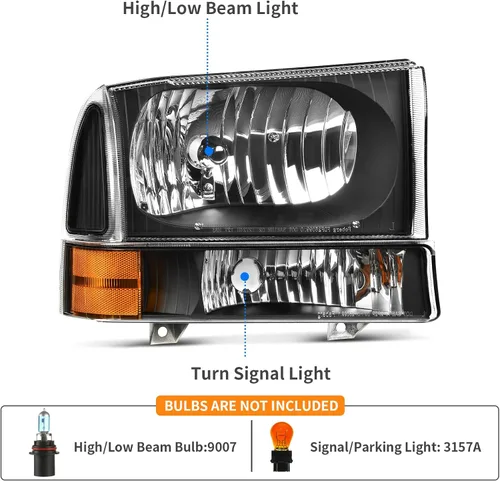 Miniatura 2 de DWVO Conjunto de faros compatible con Ford F-250 F-350 F-450 F-550 Super Duty 1999-2004/Ford Excursion 2000-2004 Faros de repuesto carcasa negra