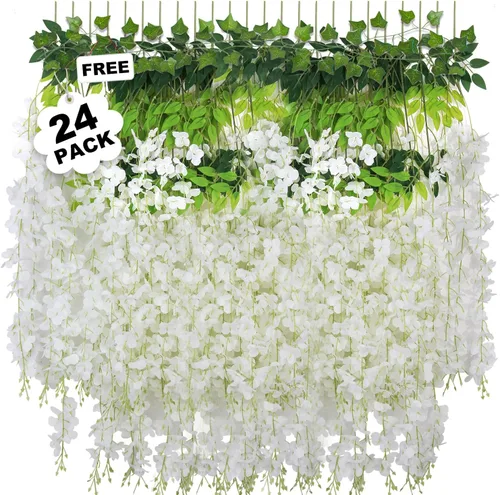 Miniatura 10 de 25 Pcs Artificial Wisteria Hanging Flowers 3.6ft Dusty Blue & White Fake Hanging Flowers Garland Silk Flowers Rattan String Faux Wisteria Vine for