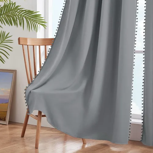 Miniatura 6 de HOMEIDEAS Cortinas opacas con pompones grises de 52 x 63 pulgadas de largo, con ojales, para oscurecer la habitación, 2 paneles para dormitorio