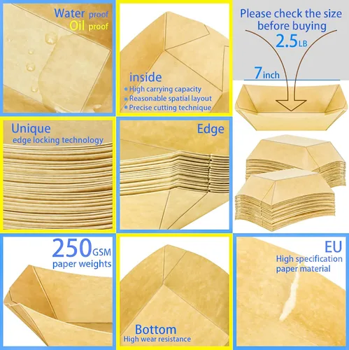 Miniatura 3 de Paquete de 50 bandejas de papel kraft de 2.5 libras, desechables, botes de comida de alta resistencia, bandeja para aperitivos, perritos calientes