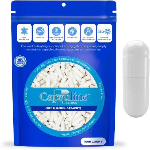 Capsuline Tamaño 0 – Cápsulas de gelatina vacías de color blanco – 1000 unidades – Cápsulas vacías de gel – Relleno de cápsula de píldora bovina