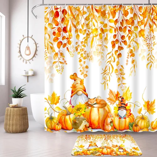 Miniatura 4 de Lutto Cortina de ducha de otoño para baño, juego de baño de otoño con cortina de ducha y alfombras, cortinas de ducha de calabaza de Acción