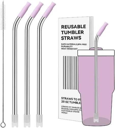 Miniatura 78 de Pajitas de metal rectas para vaso Stanley de 40 onzas, paquete de 3 popotes reutilizables de acero inoxidable con puntas de silicona y cepillo Gris