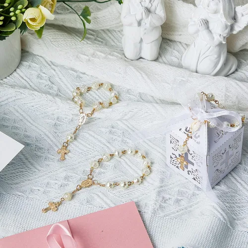 Miniatura 4 de Taiyin Juego de 300 piezas de rosarios para bautizo a granel, pulsera de rosario acrílico, cuentas de perlas sintéticas con bolsa de organza y cajas