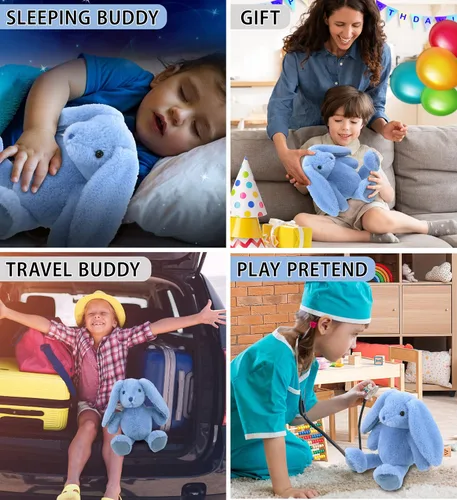 Miniatura 4 de DolliBu Peluche de conejo azul bebé, animal de peluche súper suave, adorable juguete realista de conejo para niños y niñas, bonito conejo de peluche