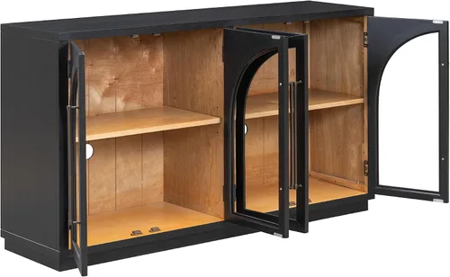 Miniatura 8 de SOFTSEA Tablero de tamaño de 60 pulgadas con puertas de vidrio arqueadas, aparador moderno de mediados de siglo con estantes ajustables para sala