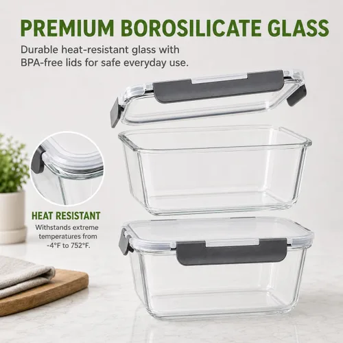 Miniatura 3 de Paquete de 2 recipientes grandes de vidrio para almacenamiento de alimentos con tapas de 85oz/10.5 tazas, recipientes grandes herméticos para pollo