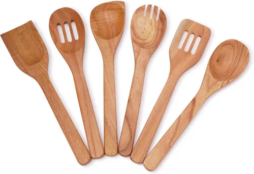 Ajuny Juego de utensilios de cocina de madera, 6 cucharas y espátulas de madera, utensilios de cocina no tóxicos, seguros para sartén antiadherente