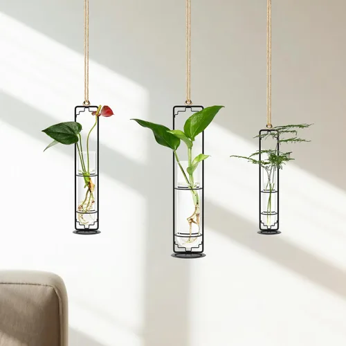Miniatura 3 de MIPON Estación de propagación de plantas colgantes de metal, maceta hidropónica de tubo de ensayo de vidrio de 3 tamaños, soporte bohemio para Negro