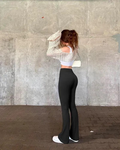 Miniatura 2 de OQQ Pantalones de yoga para mujer, 2 piezas, acanalados, sin costuras, para entrenamiento, cintura alta, acampanados, leggings acampanados