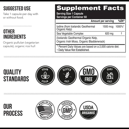 Miniatura 6 de Suplemento de yodo orgánico – 1,500 mcg de yodo, máxima potencia – de complejo de vegetales marinos, alimento integral y forma cruda – Contiene