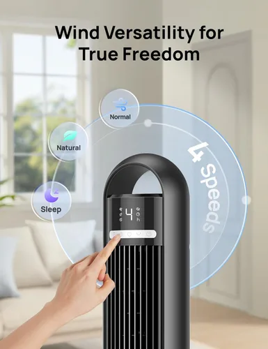 Miniatura 6 de Dreo - Ventilador de torre para dormitorio, ventiladores de pie oscilantes de 90° para habitación con 4 velocidades, 3 modos, silencioso de 28dB