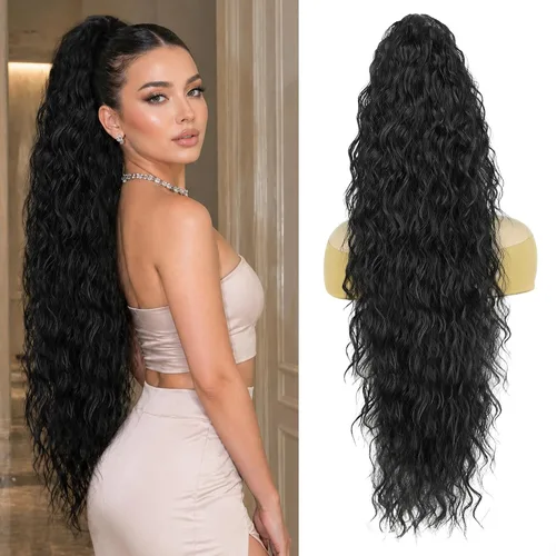 Miniatura 13 de Extensión de cola de caballo con cordón, extensión de cola de caballo larga y rizada para mujeres negras, extensiones de cabello negro de 26