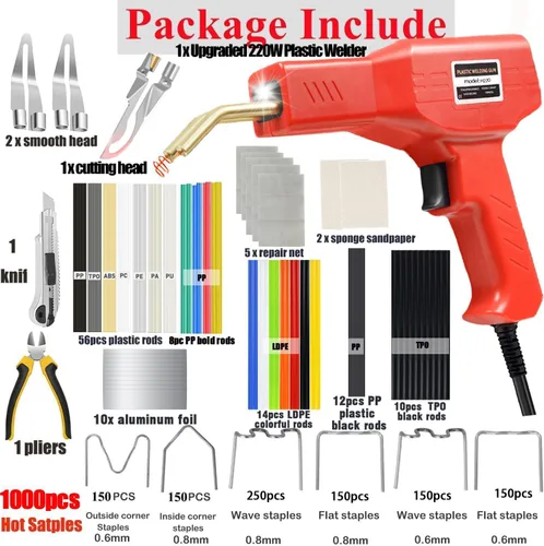 Miniatura 2 de Soldador de plástico mejorado de 220W, kit de soldadura de plástico 2 en 1, kit de soldador de reparación de plástico con grapadora en caliente