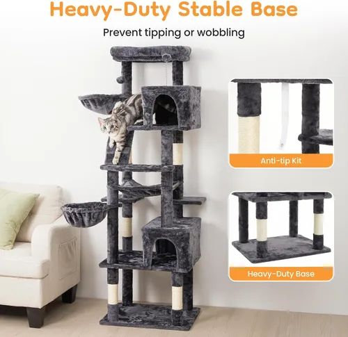 Miniatura 5 de Torre de árbol para gatos de varios niveles de 73 pulgadas para gatos grandes con postes rascadores, condominios, percha, hamacas y juguetes